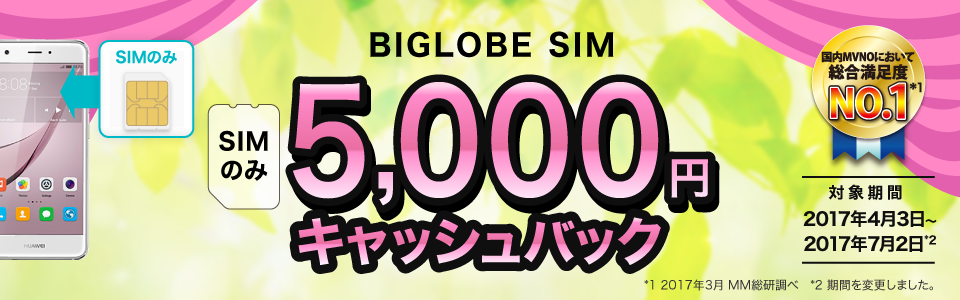 BIGLOBE SIM 5,000円キャッシュバック 対象期間:2017年4月3日〜2017年7月2日(期間を変更しました。)