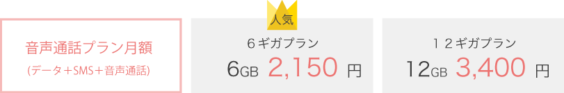 音声通話プラン6GB 2,150円、12GB 3,400円