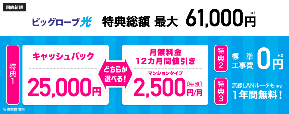 IPv6接続(IPoE方式)で高速*1高品質インターネット ビッグローブ光 回線新規 特典総額 最大61,000円*2 選べる特典 25,000円キャッシュバック または 2,500円/月×12カ月間*3 マンションタイプ 特典2 標準工事費0円*4 特典3 1年間0円*5 IPv6対応無線LANルータ 対象期間:2018年12月3日~2019年1月31日