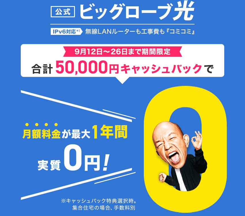 【公式】ビッグローブ光 合計50,000円キャッシュバックで、月額料金が最大1年間実質0円