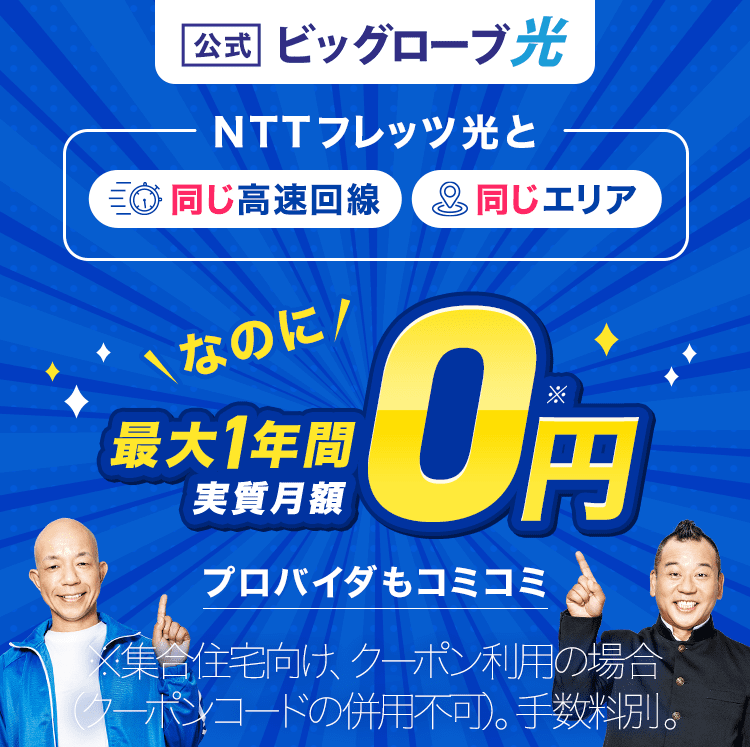 ビッグローブ光 NTTフレッツ光と同じ高速回線、同じエリアなのに最大1年間 実質月額0円（税込）プロバイダもコミコミ