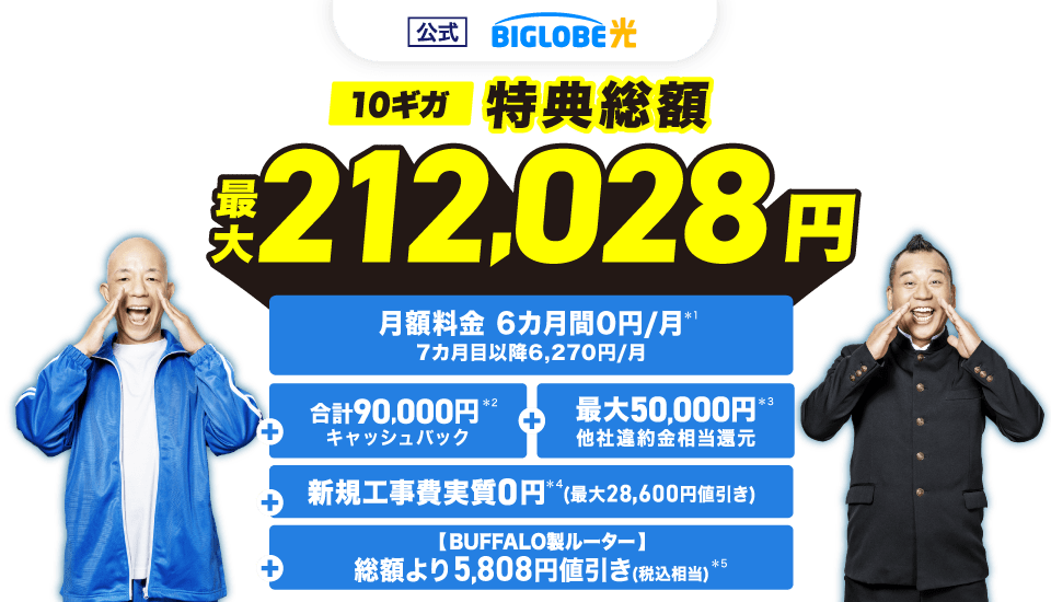【公式】BIGLOBE光 10ギガ 特典総額 最大212,028円