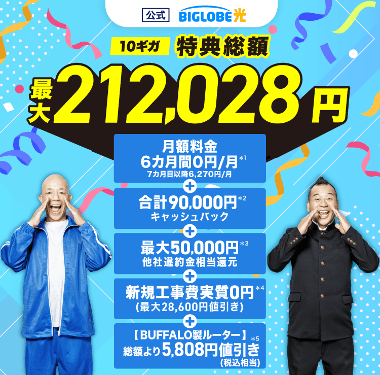 【公式】BIGLOBE光 10ギガ 特典総額 最大212,028円