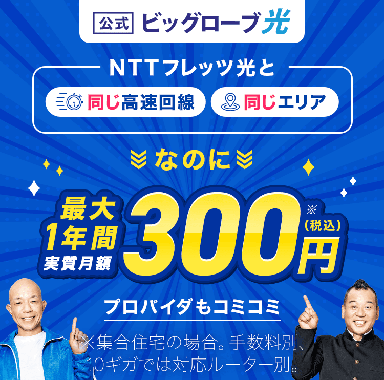 ビッグローブ光 NTTフレッツ光と同じ高速回線、同じエリアなのに最大1年間 実質月額300円（税込）プロバイダもコミコミ