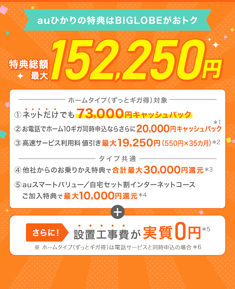 ＼auひかりの特典はBIGLOBEがおトク！／特典総額最大152,250円