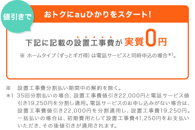 値引きでおトクにauひかりをスタート！設置工事費が実質0円 ※ホームタイプ(ずっとギガ得)は電話サービスと同時申し込みの場合*1。※設置工事費分割払い期間中の解約を除く。*1 35回分割払いの場合、設置工事費値引き22,000円と電話サービス値引き19,250円を分割し適用。電話サービスのお申し込みがない場合は、設置工事費値引き22,000円を分割適用し、設置工事費19,250円。一括払いの場合は、初期費用として設置工事費41,250円をお支払いいただき、その後値引きが適用されます。