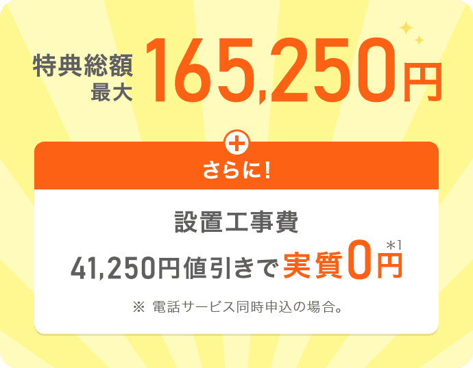 特典総額最大165,250円＋さらに【設置工事費41,250円値引きで実質0円*1 ※ 電話サービス同時申込の場合。】