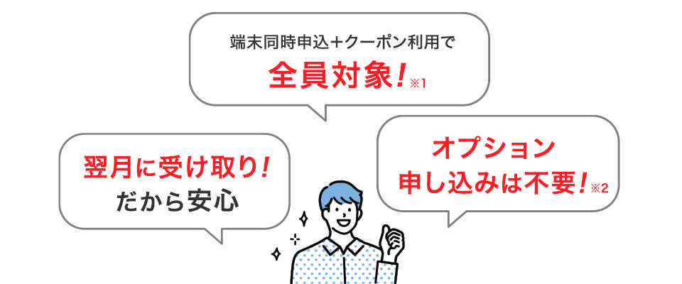 翌月に受け取り！だから安心　端末同時申込＋クーポン利用で全員対象！　オプション申し込みは不要！