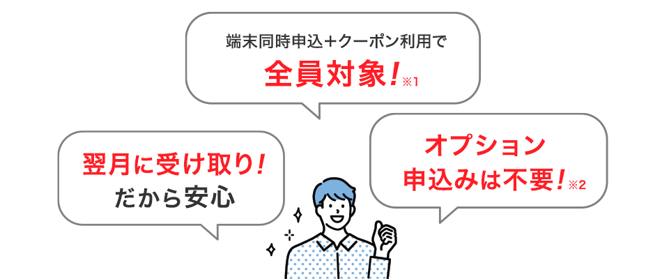 翌月に受け取り！だから安心　端末同時申込＋クーポン利用で全員対象！　オプション申込みは不要！