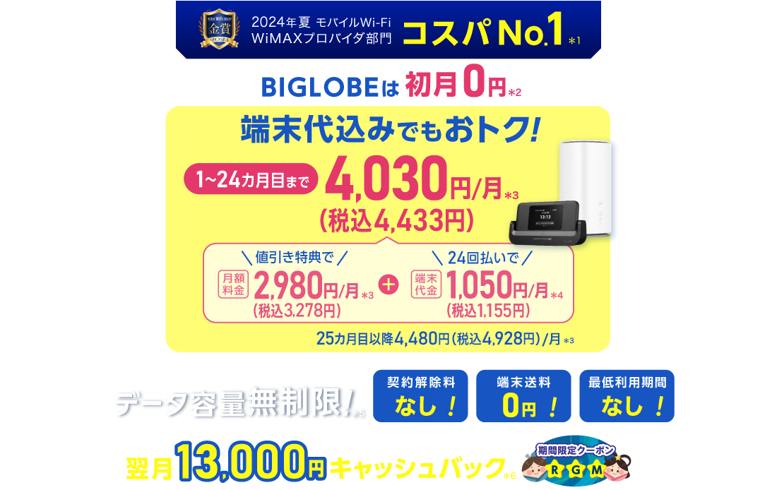 2024年夏 モバイルWiFi WiMAXプロバイダ部門コスパNo.1＊1 BIGLOBEは初月0円＊2 端末代込みでもおトク！1～24カ月目まで4,030円/月(税込4,433円)/月＊3 内訳：値引き特典で月額料金2,980円(税込3,278円)/月＊3＋端末代金24回払いで1.050円(税込1,155円)/月＊4 25カ月目以降4,480円(税込4,928円)/月＊3 データ容量無制限！＊5