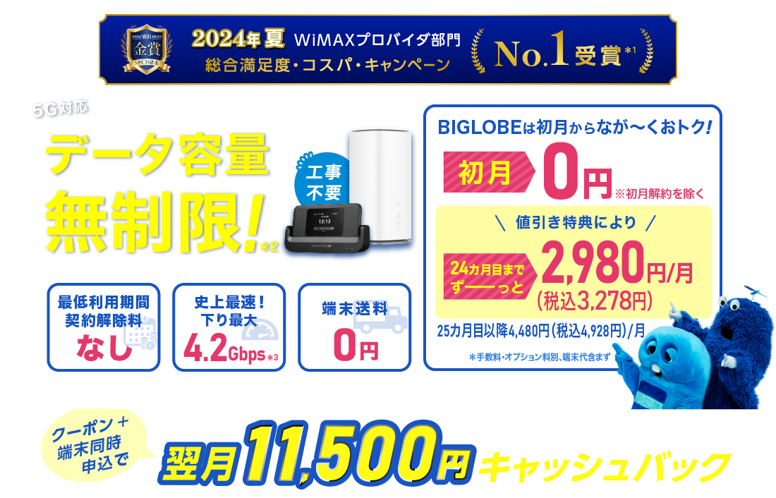 2024年夏 WiMAXプロバイダ部門【総合満足度・コスパ・キャンペーン】No.1受賞＊1 データ容量無制限！＊2 初月0円※初月解約を除く 24カ月目までずーっと税込3,278円/月※手数料・オプション料別、端末代含まず。25カ月目以降は税込4,928円/月 最低利用期間、契約解除料なし 史上最速！下り最大4.2Gbps＊3 端末送料0円