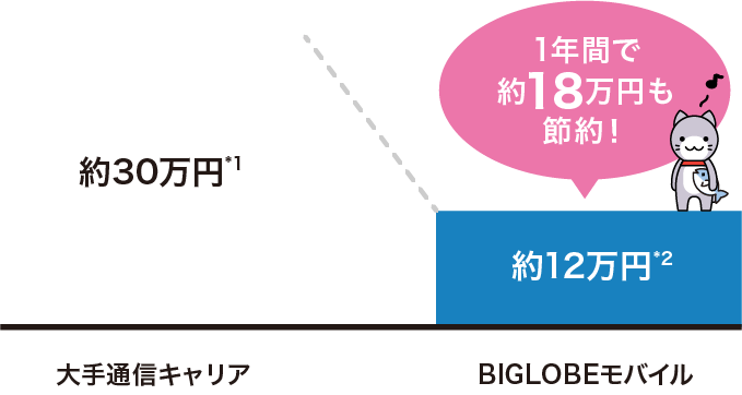家族4人の大手キャリアスマホ年間利用料約30万円(*1)に比べBIGLOBEモバイルは約12万円(*2)と、約18万円の節約ができます