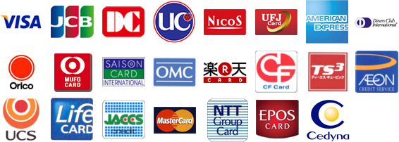 お支払いにご利用いただけるカード会社の一覧 VISA,JCB,DC,UC,NICOS,UFJ Card,AMERICAN EXPRESS,Diness,ORICO,SAISON CARD,OMC,楽天クレジット,CF Card,ティーエスキュービック,イオン,UCS,LifeCARD,JACCS,MasterCard,NTT GroupCard,EPOS CARD