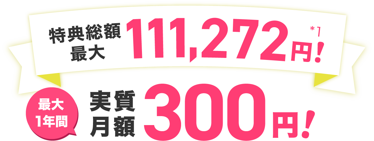  特典総額最大111,272円！＊1 最大1年間実質月額300円！