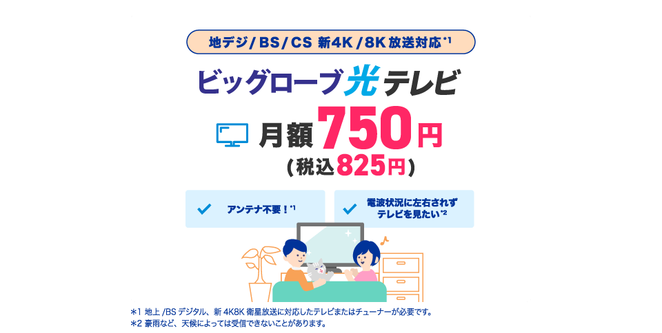地デジ/BS/CS 新4K/8K放送対応 ビッグローブ光テレビ 月額750円(税込825円)