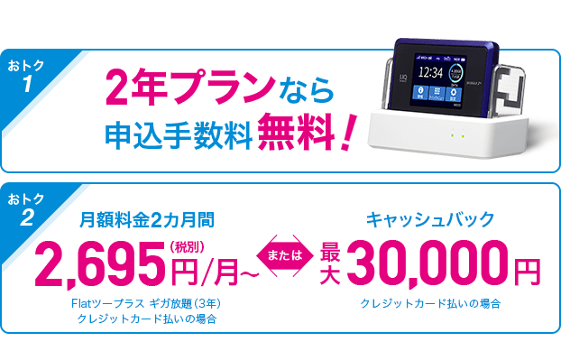 オプション申し込みなしでもOK おトク1 月額料金2カ月間2,695円(税別)~ Flat ツープラス ギガ放題(3年) クレカ払いの場合 または キャッシュバック最大30,000円 クレカ払いの場合 おトク2 サービス開始月の月額料金が無料 おトク3 WX03なら 申込手数料無料 「BIGLOBE WiMAX 2+」2018年8-9月広告特典 期間:2018/08/06〜2018/09/30